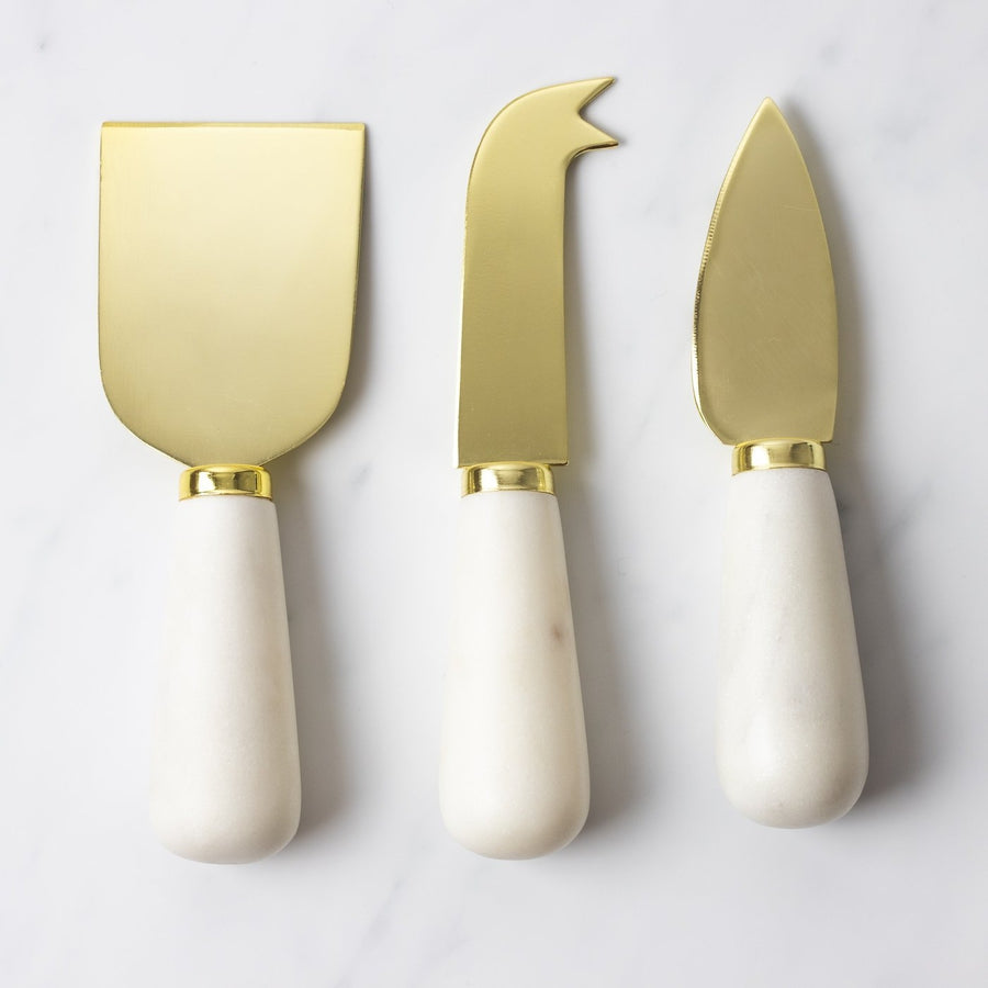 White marble and gold cheese knives set of 3 by Lunar Oceans
